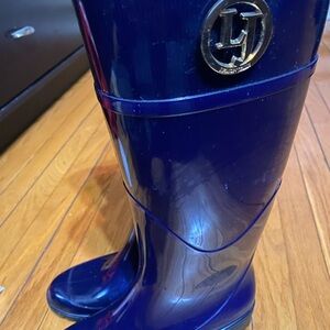 Blue Knee-High Winter Rain Boots with Glossy Finish